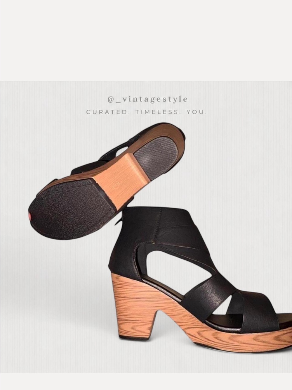 Vintage Black Strappy Platform Sandals with Wood-Effect Heel
